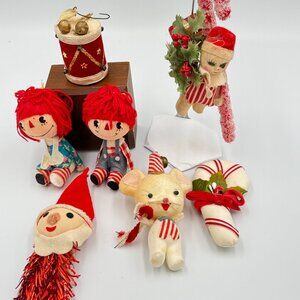 7 VTG Christmas Ornaments made Japan Raggedy Ann & Andy,  Mouse, Elf, drum,
